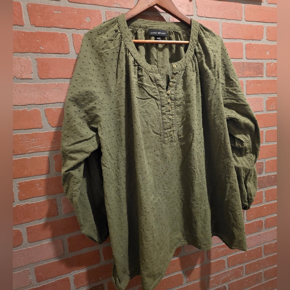 Lane Bryant Olive Green Swiss Dot Peasant Blouse size 22